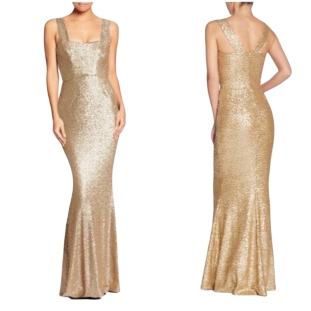 Dress The Population Gold Sequin Mermaid Square Neck Long Evening Gown Large